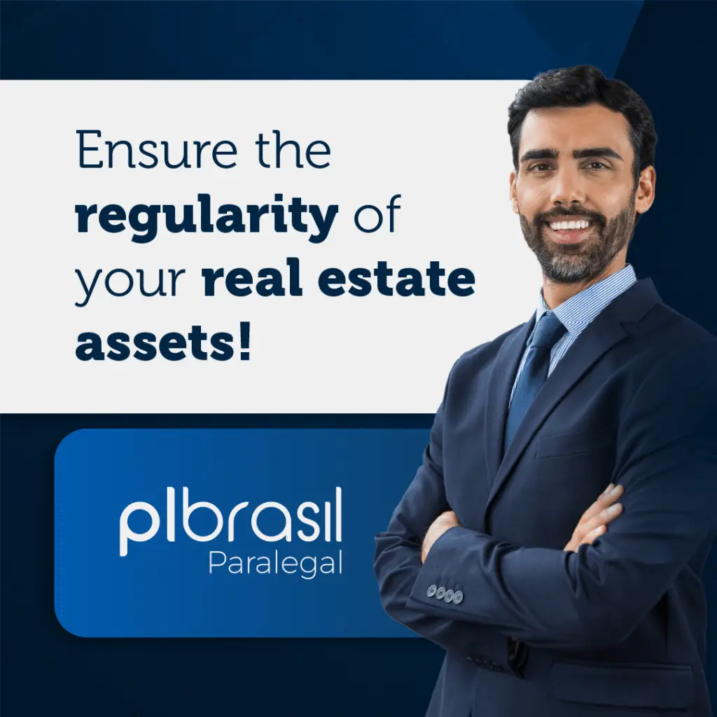 Profissional sorridente em traje formal enfatizando a importância da regularidade em ativos imobiliários, promovendo serviços de assessoria jurídica.