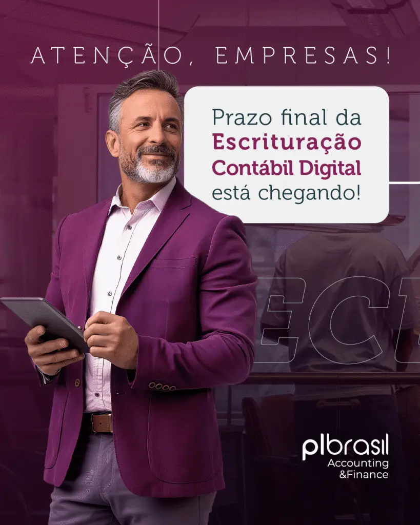 Homem profissional de terno roxo sorrindo, promovendo o prazo final para Escrituração Contábil Digital, em ambiente de escritório.