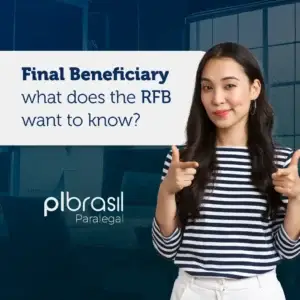 Image of a young woman pointing at the camera with a confident expression, next to a message about the final beneficiary and what the RFB wants to know, with a corporate background.