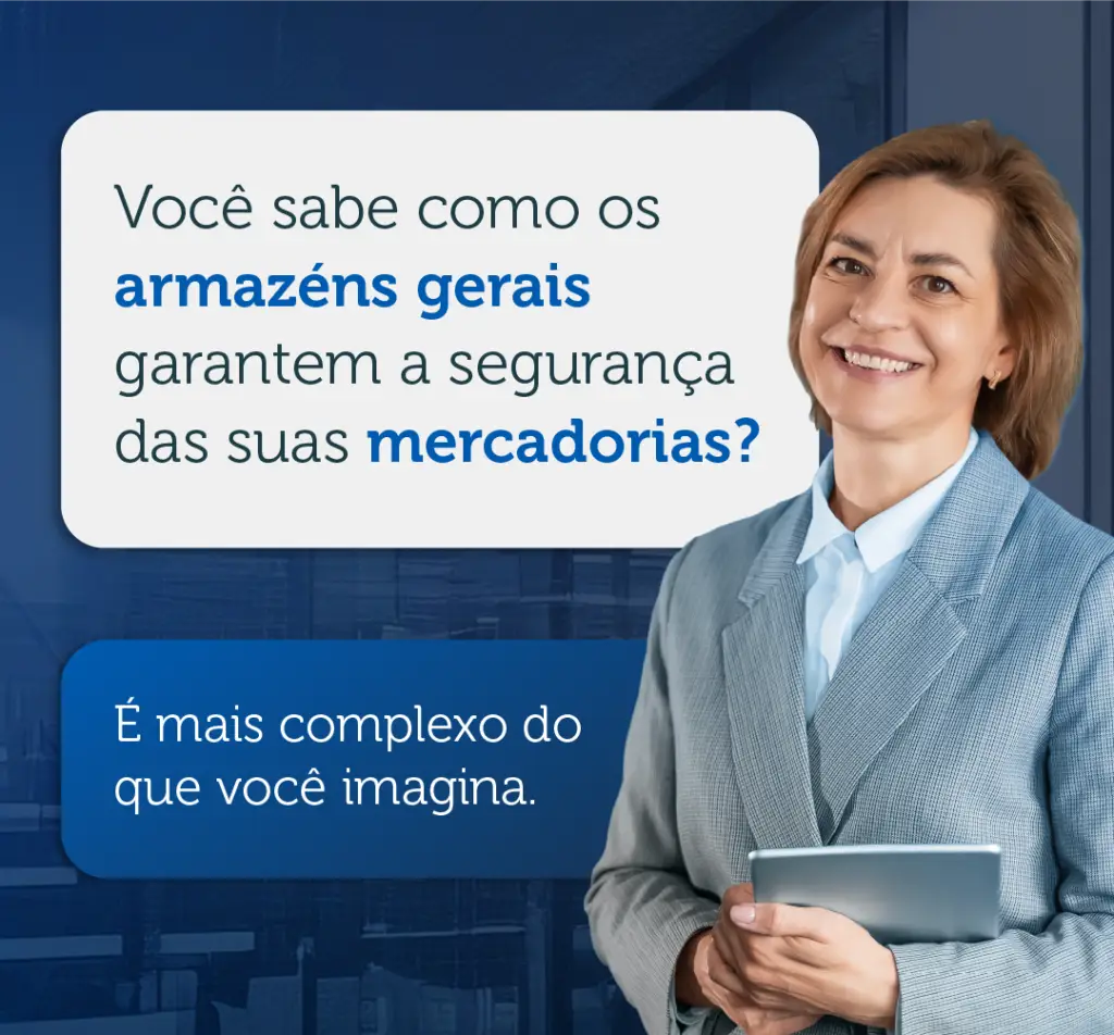 Profissional de aparência Confiante segurando um tablet, com mensagem sobre segurança de mercadorias em armazém, promovendo o serviço paralegal da PLBrasl Paralegal.