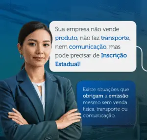 Mulher de terno cinza escuro e blusa branca, com fundo azul, promovendo o serviço de inscrição estadual para empresas que não vendem produto, transporte ou comunicação.