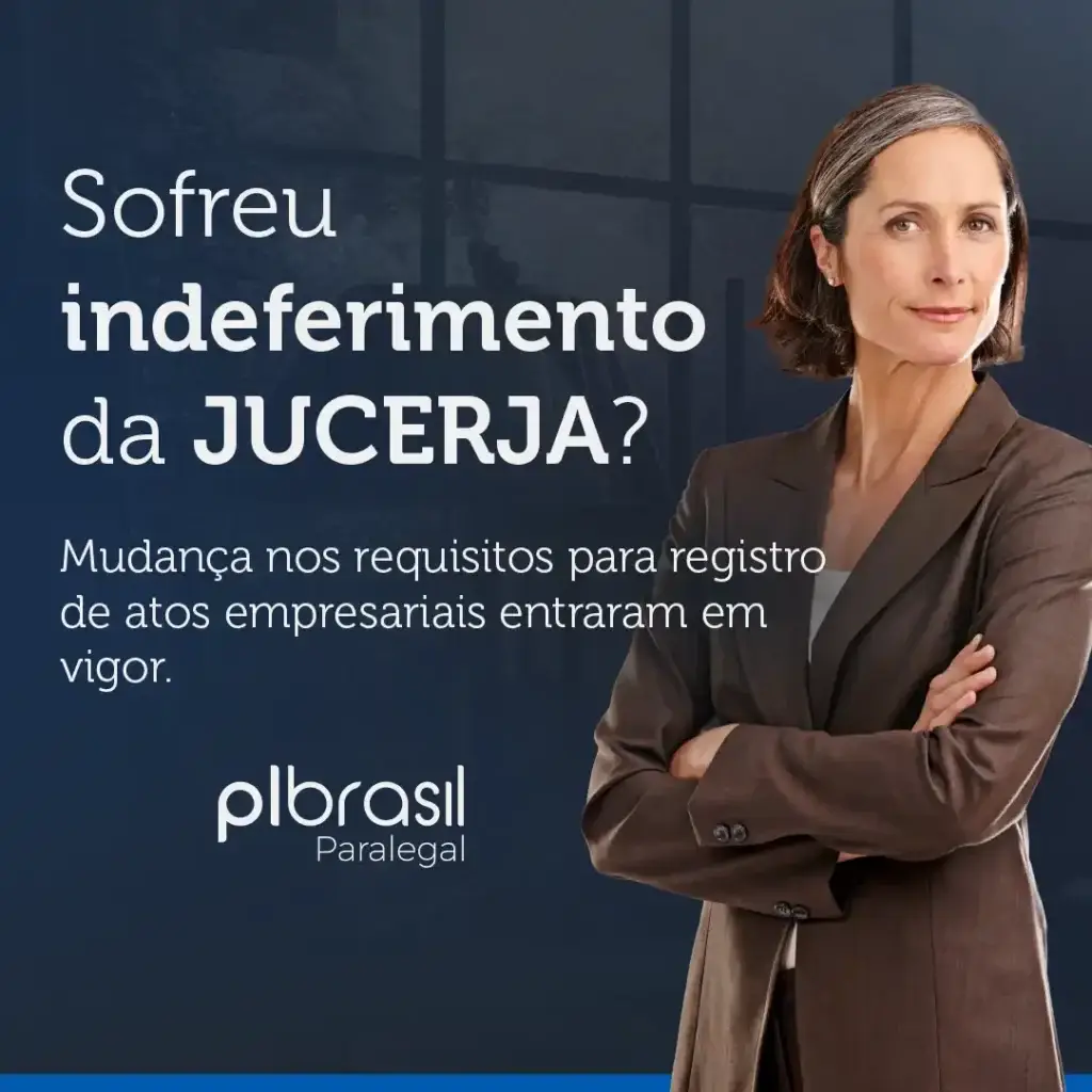 Pessoa de terno cinza escuro com expressão séria ao lado de texto sobre indeferimento da JUCERJA e mudança nos requisitos de registro de atos empresariais.