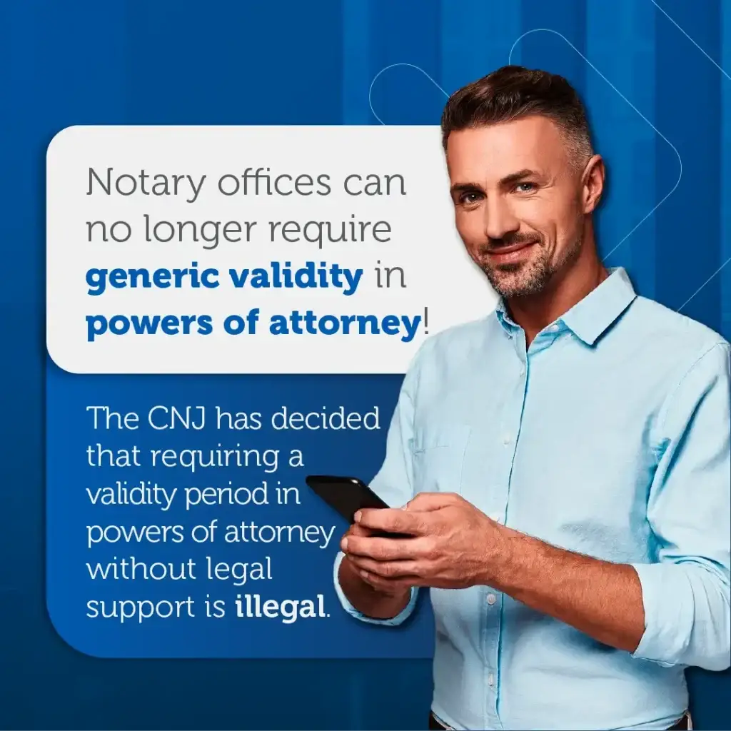Smiling man using a cell phone, highlighting the message about the validity of powers of attorney in Brazil.