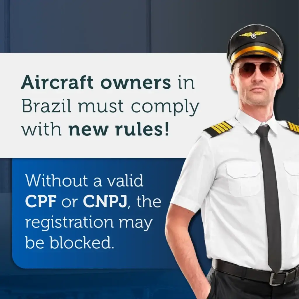 Proprietário de aeronave no Brasil deve cumprir nova regra sem CPF ou CNPJ válido, o registro pode ser bloqueado. Imagem de um piloto com uniforme e boné de comandante.