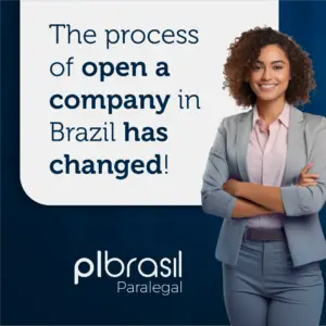 Image of a woman in a light gray dress, with curly hair and a smile, next to a message about the change in the flow of new business openings in Brazil.